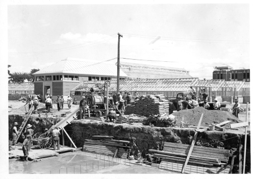 Jardin botanique de Montral (Archives) - H-1938-0036-b - Montréal, Jardin botanique - Construction - 1938 - Serres S-7 - S18 en construction - Premier plan : excavation pour garage