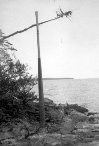 Collection Jacques Rousseau photo - c-677-c-I-1680 -Lac Mistassini. Ile Lemoine, Pointe Rouleau. L'aviron d'Andrew s?che au soleil.