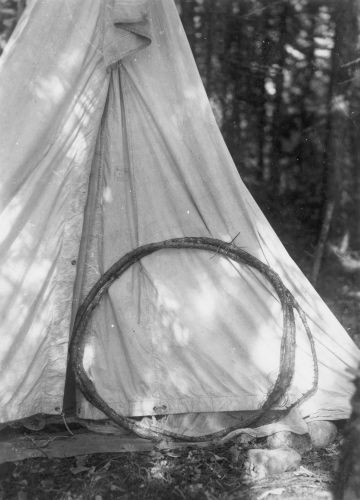 Jacques Rousseau Collection - c-3281-a-I-4811 -LAC MISTASSINI, Kawitchinaniouts. Cerceau du haut d'une tente de wabano trouv?e dans le bois.