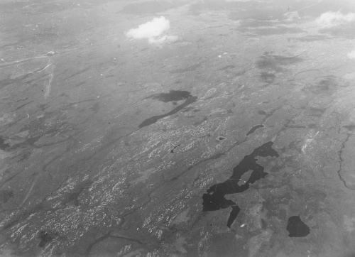 Collection Jacques Rousseau photo - c-3313-a-I-4881 -Entre le lac Mistassini et le lac St-Jean, en avion. Des rochers pr?cambriens l?preux, prob. dans le canton Bourbon.